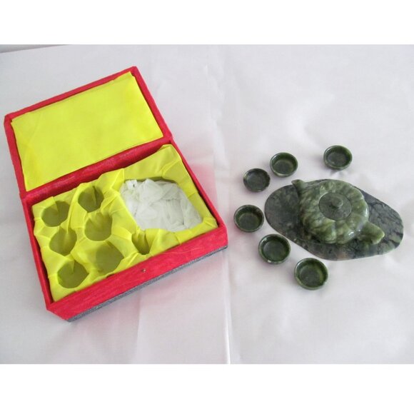 Vintage Asian Jade Teapot Cups and Tray Set in Original Box - Picture 5 of 16